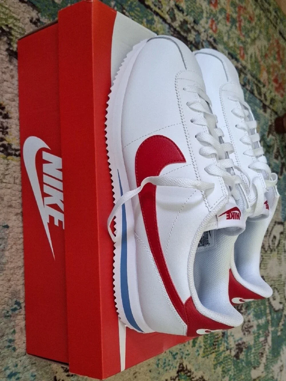 Nike White Sneakers with Red Swoosh and Blue Stripe